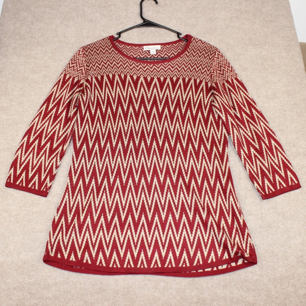 Kim Rogers Womens Red Tan Chevron Zigzag Knit Sweater Size M Long Sleeve